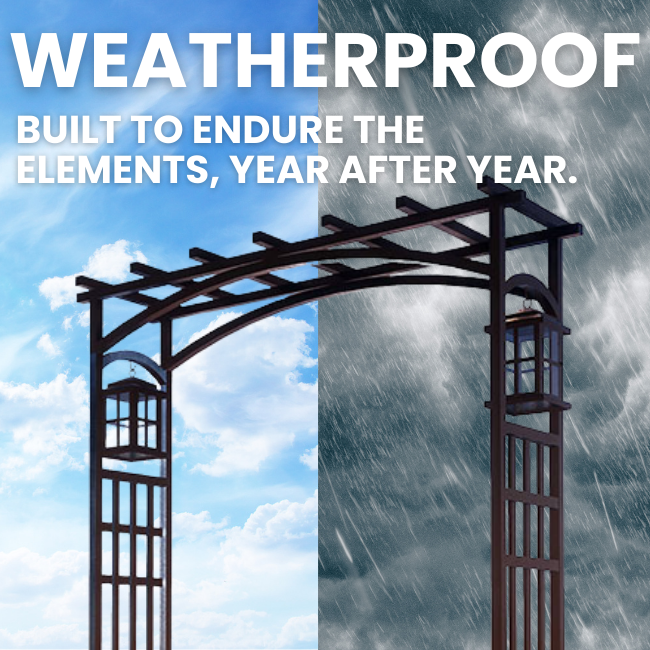 The weatherproof Garden Entry Arbor made of durable steel with a black powder-coated finish, built to endure the elements and maintain its elegance year after year, whether covered in climbing plants or standing on its own.