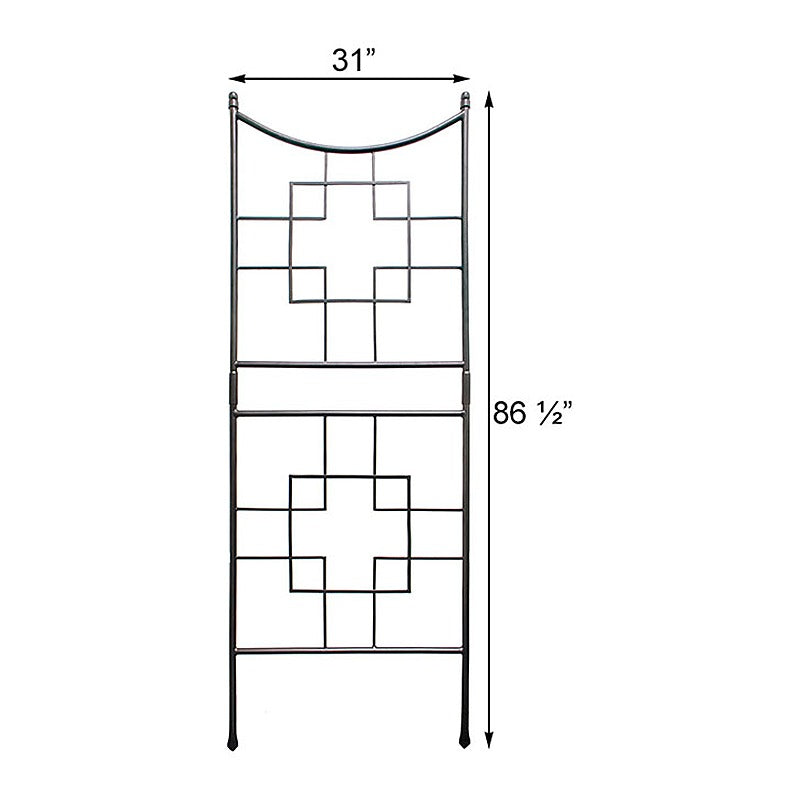 Geometric wrought iron garden trellis with dimensions of 31 inches wide by 86.5 inches tall