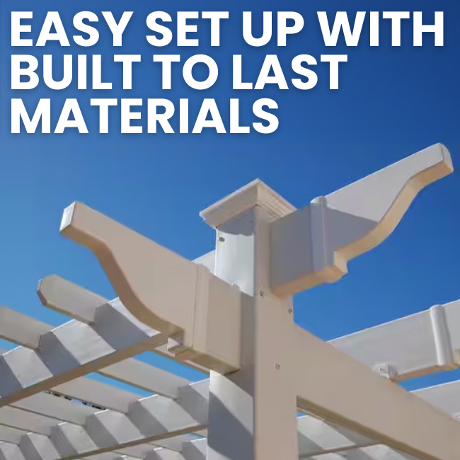 The Poolside Pergola with sturdy construction and durable materials, built to last with minimal maintenance. The strong, white vinyl frame and curved beam ends add elegance and sophistication to your outdoor space