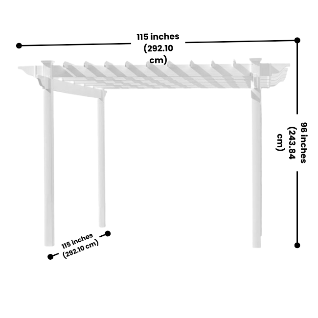 The Poolside Pergola with dimensions of 115 inches wide, 115 inches deep, and 96 inches high. This white vinyl structure provides ample space for a shaded lounge area and anchors securely into the ground for stability