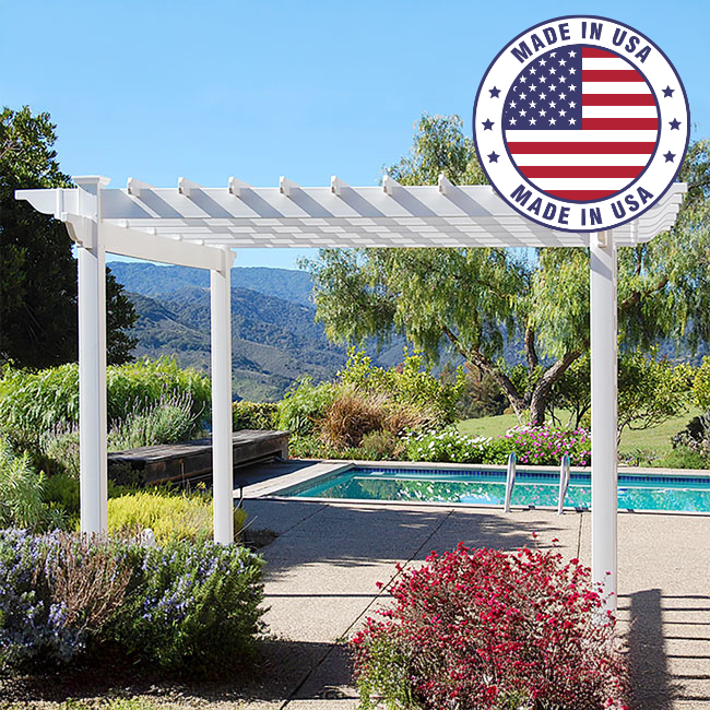 The Poolside Pergola, proudly made in the USA, with a sturdy white vinyl frame, offering a maintenance-free, stylish addition to your backyard or poolside. Perfect for creating a shaded, relaxing outdoor space