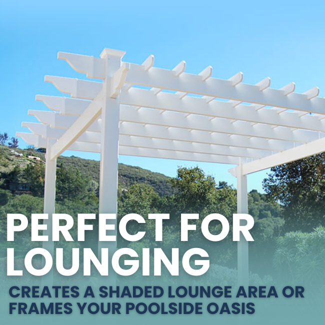 The Poolside Pergola creating a perfect shaded lounge area, ideal for relaxing by the pool or framing your outdoor living space. This low-maintenance pergola adds elegance to any garden or patio setting.