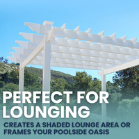 The Poolside Pergola creating a perfect shaded lounge area, ideal for relaxing by the pool or framing your outdoor living space. This low-maintenance pergola adds elegance to any garden or patio setting.