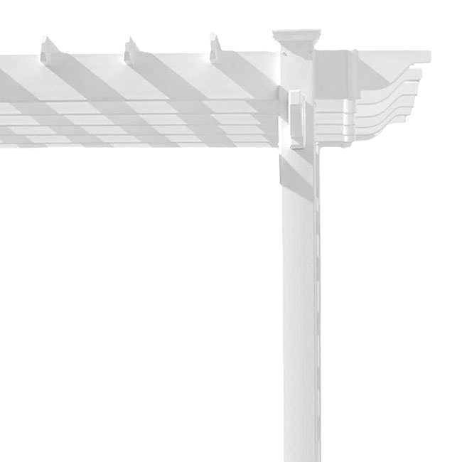 Detailed view of the sturdy posts of the Poolside Pergola, designed to anchor securely into the ground. The strong white vinyl posts and sleek design create a refined and elegant outdoor space.