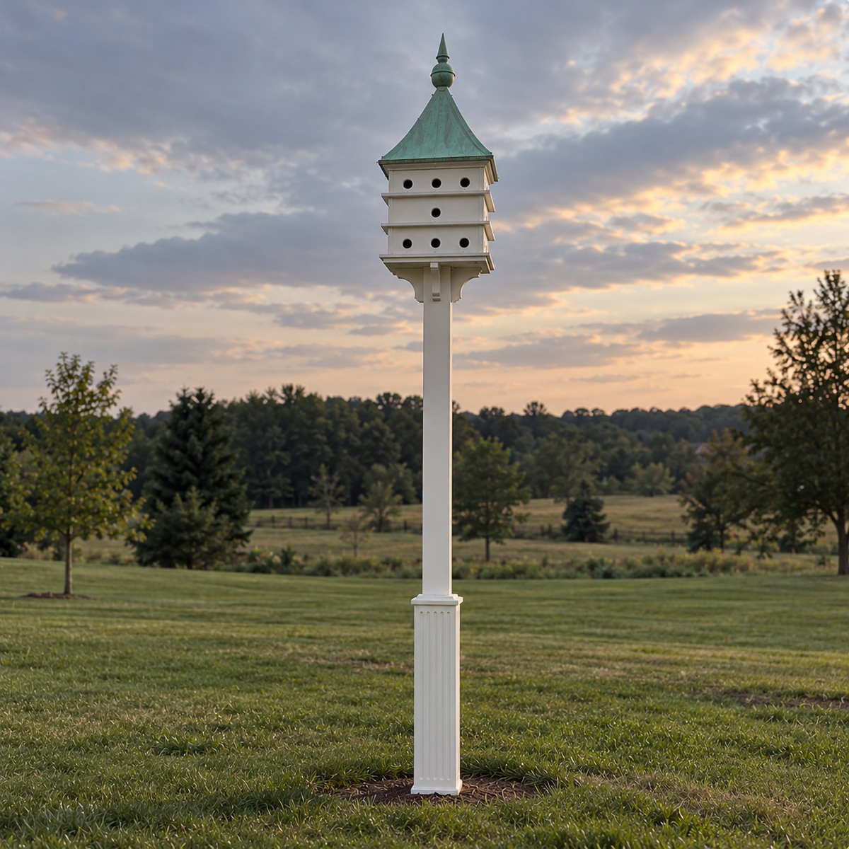 a patina copper roof purple martin house installed 10' in the air on a white vinyl post with a decorative sleeve at the base in an open backyard.