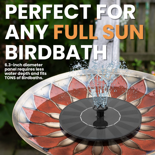 Solar fountain pump in a birdbath, attracting birds with moving water. Ideal for smaller birdbaths, perfect for birdwatching and garden decoration.