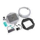 Solar fountain insert kit with 360-degree spray head, solar panel, and battery pack on a white background.