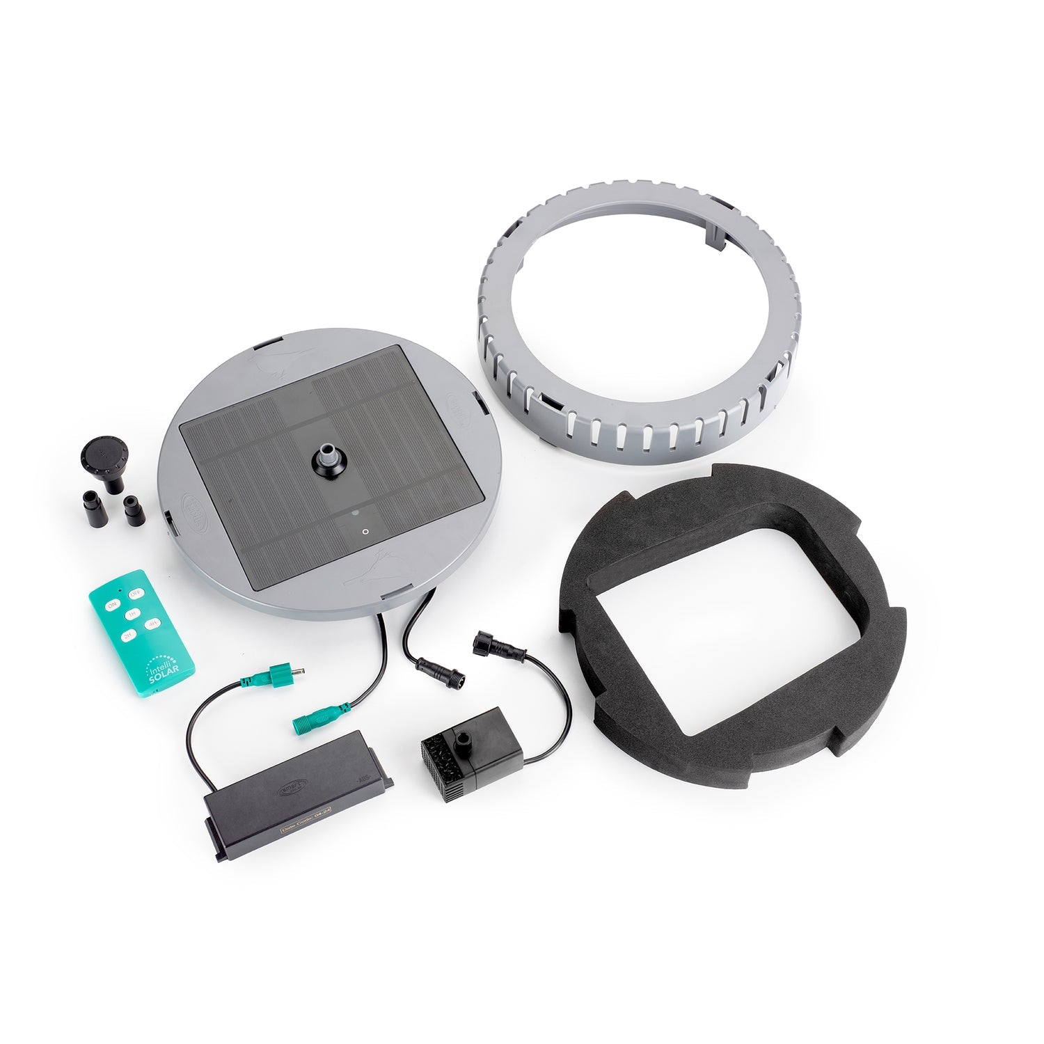 Solar fountain insert kit with 360-degree spray head, solar panel, and battery pack on a white background.