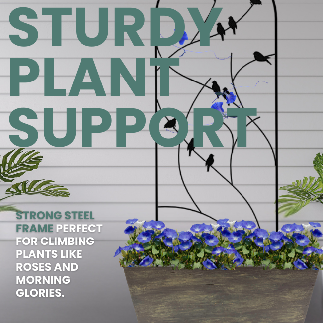 Close-up view of the Songbird Spiral Trellis highlighting the charming bird silhouettes perched on the swirling branches. This unique trellis design adds character and natural beauty to your garden while supporting climbing plants.