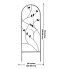 The Songbird Spiral Trellis with dimensions of 24 inches wide and 72 inches high. This durable steel trellis, finished with a black powder coat, is perfect for supporting climbing plants and adding elegance to any outdoor space