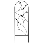 The Songbird Spiral Trellis with a graceful arch design, featuring charming bird silhouettes nestled among curling rods. This sturdy steel trellis provides excellent support for climbing plants and adds whimsical charm to your garden