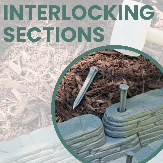 Close-up of interlocking sections of Stacked Stone Garden Border with flexible connectors for customized layout, featuring a secure fit