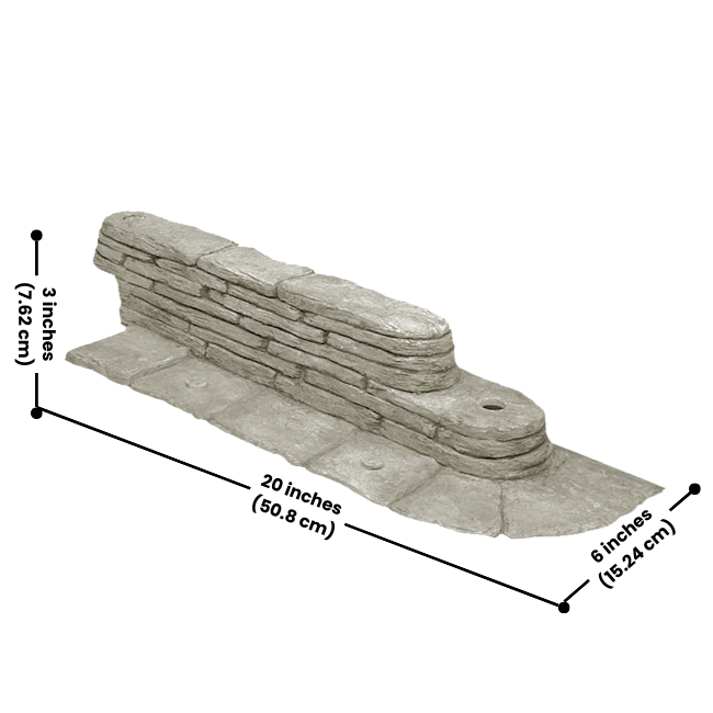 Dimensions of a Stacked Stone Garden Border section with 20-inch length, 6-inch width, and 3-inch height for a precise fit.