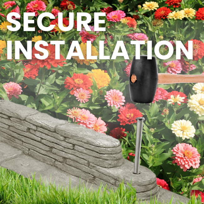 Secure installation of the Stacked Stone Garden Border, using a hammer and stakes to firmly secure the pieces into the ground