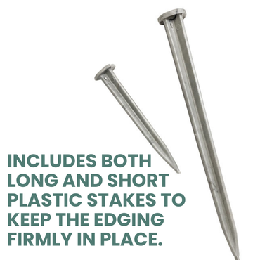 Plastic stakes for securing the Stacked Stone Garden Border in place, featuring long and short stakes for easy installation