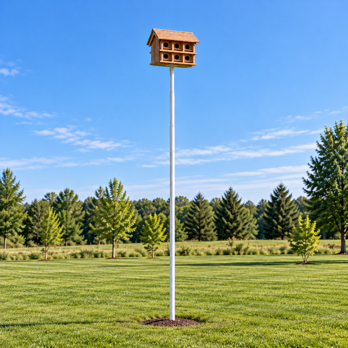 12 compartment purple martin house on a 15' pole with a green landscaped background