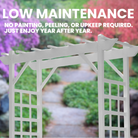he low-maintenance Vinyl Lattice Arbor standing in a picturesque garden. Built from durable white vinyl, it requires no painting or upkeep, offering year-round beauty with minimal effort