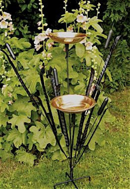 Double Cattail Bird Bath with Iron Perches