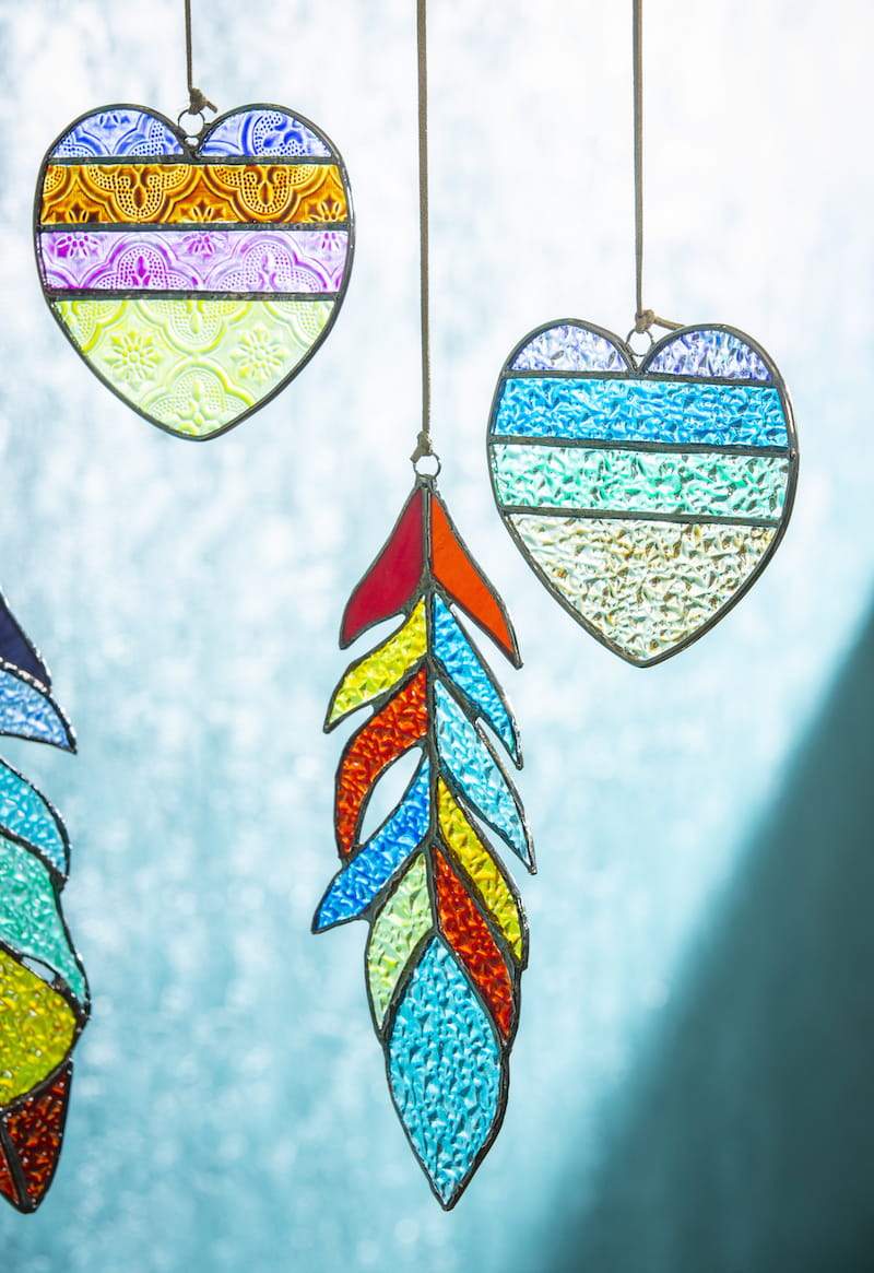 Stained Glass Heart and Feather Mobile or Wind Chime- Detail