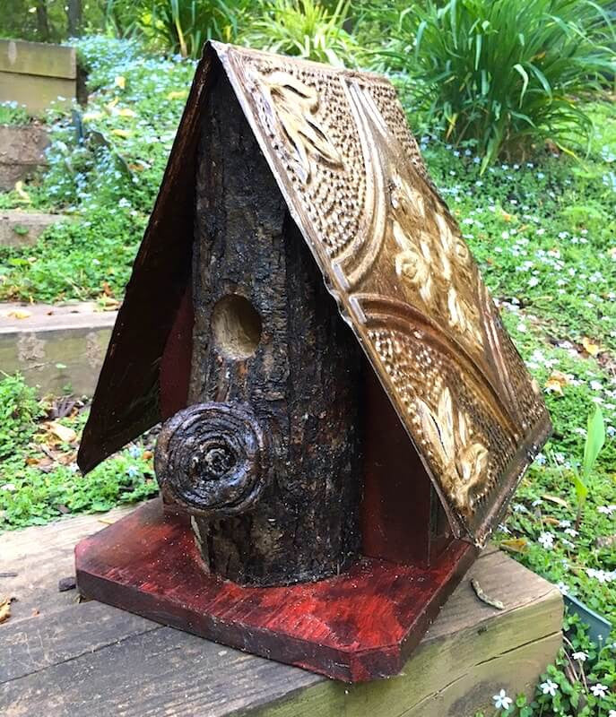 Log Front and Tin Barn Wood Birdhouse in Deep Red